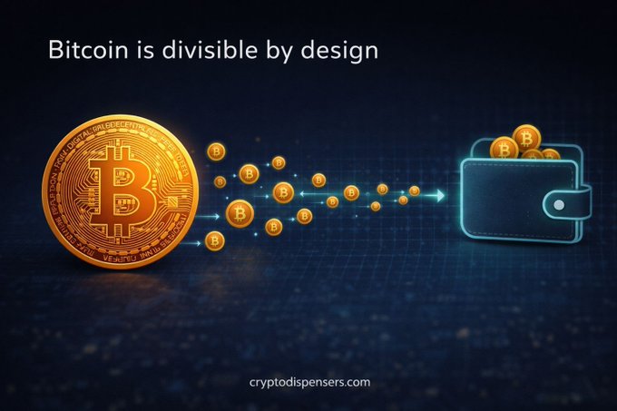 A promotional graphic stating "Bitcoin is divisible by design" showing a Bitcoin coin splitting into smaller coins going into a digital wallet, from cryptodispensers.com.