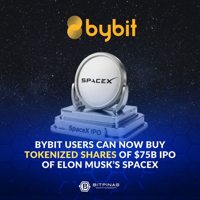 The image features a large logo for the space-based cryptocurrency, called Bybit. It is set against a dark background that contrasts with its bright yellow color. The main focus of the image is a silver coin holder placed slightly below the Bybit logo. This coin holder is made out of metal and holds a round token representing the space-based asset. Below the coin holder, there's a text box that provides information about the Bybit Users' ability to purchase shares in @SpaceX's massive $75 billion IPO with the tokenized version of the IPO available on June 7 - 10, 2026. Additionally, the image includes a credit to @xStocksFi and a social media platform called Bittipinas.