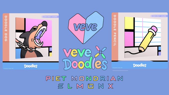 The image features a poster with two cartoon dogs, one of which has its mouth open wide as if roaring or growling. The text on the poster reads "veve x doodles" and "Piet Mondrian Estate @doodles & @elmonx_official". This suggests that the poster is promoting an exclusive collaboration between the artist Piet Mondrian and a company called veve, which has created a collection of limited edition artworks. The poster also includes two images of the dogs, one with its mouth open as if growling or roaring, and another with its mouth closed as if whimpering. These images are meant to represent the dogs' expressions in their collaboration with the company.