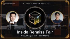 A promotional graphic for a 'Inside Renais Fair' event on Friday, 30 August 2024, featuring portraits of Fair World Wide's CEO Woojin and CTO Ban.