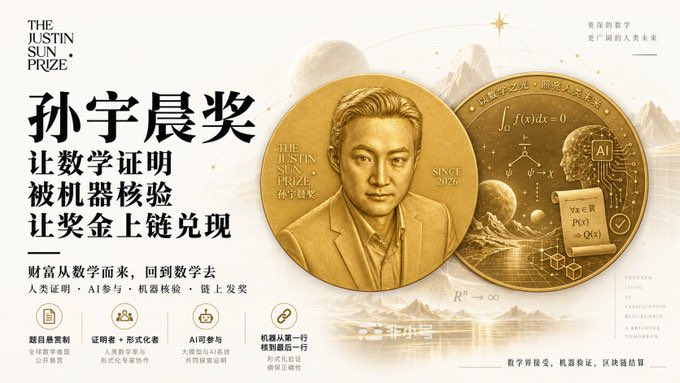 A promotional graphic for 'THE JUSTIN SUN PRIZE' features gold coins displaying a portrait of Justin Sun alongside Chinese text and mathematical symbols, with a release date of 2025.