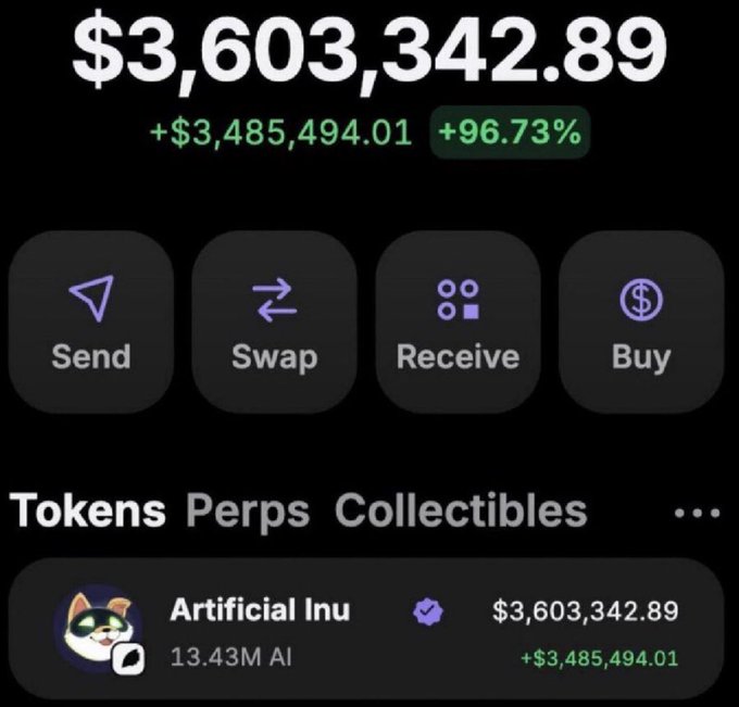 A crypto wallet screenshot displays a balance of $3,603,342.89 (+96.73%) in "Artificial Inu" (13.43M AI tokens), showing a gain of +$3,485,494.01. The image supports the post's boast about impressive wallet gains, likely featuring a Solana-based memecoin, while challenging viewers to request the wallet address.