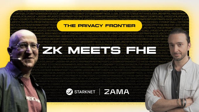 This image features a graphic with two men, referencing "ZK MEETS FHE" and "THE PRIVACY FRONTIER" with Starknet and Zama logos, likely related to the upcoming live conversation about onchain privacy.