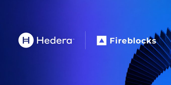 A promotional graphic with a blue background displaying the Hedera and Fireblocks logos side by side, separated by a vertical line.