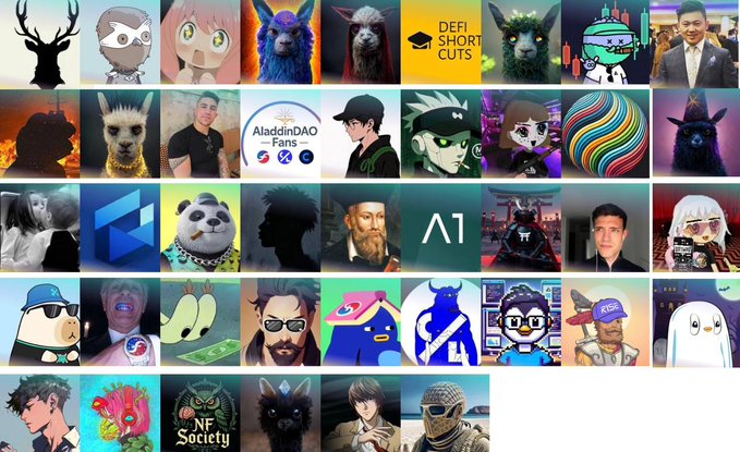 A collage grid of NFT/crypto profile pictures including llamas, alpacas, anime characters, celebrities like Jack Ma and Mark Zuckerberg, and logos for 'DeFi Short Cuts', 'AladdinDAO', 'A1', and 'NF Society'.