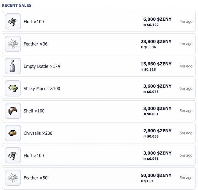 A recent sales log showing gaming items sold for zENY currency, including Fluff, Feather, Empty Bottle, Sticky Mucus, Shell, and Chrysalis with USD equivalents ranging from $0.053 to $1.01.