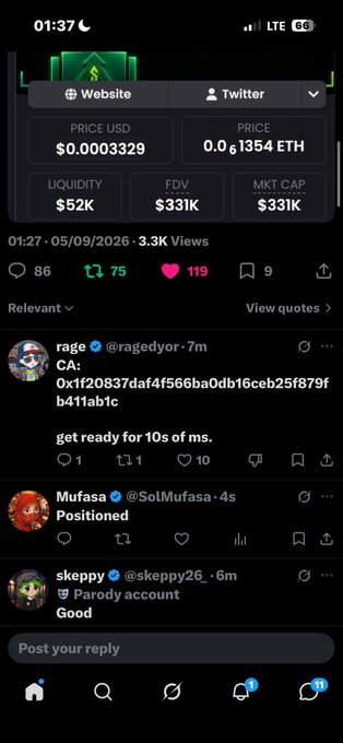 A mobile phone screenshot showing a cryptocurrency post about a token, with price $0.0003329 and market cap $331K, along with user replies including one from '@ragedyor' saying "get ready for 10s of ms."
