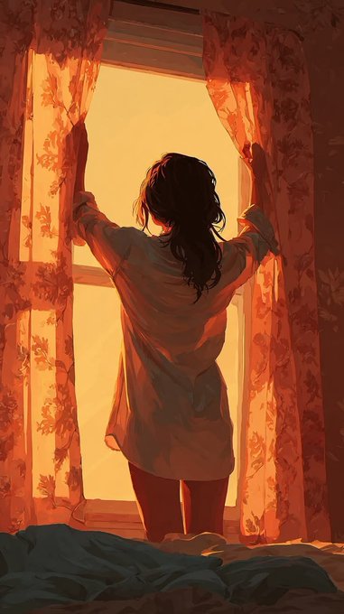 A woman with long dark hair, seen from behind, opens floral curtains to let in the warm glow of sunrise. The peaceful morning scene captures the serene start of a weekend, fitting the "Good Morning" greeting perfectly.