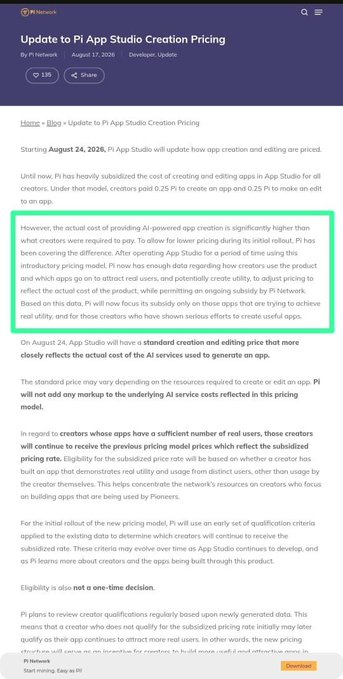 A Pi Network blog post titled "Update to Pi App Studio Creation Pricing" by Pi Network, dated August 17, 2026, which announces that starting August 24, 2026, Pi App Studio will revise its app creation and editing pricing to better reflect the actual AI service costs, with subsidized rates continuing for creators whose apps attract a significant number of real users.