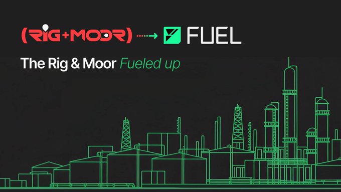 The image shows a graphic with the text "The Rig & Moor Fueled up" along with the logos of (Rig+Moor) and FUEL, set against a dark background featuring a green outlined illustration of an industrial skyline with oil rigs and refinery towers, visually representing Fuel's acquisition of The Rig (Rig & Moor).