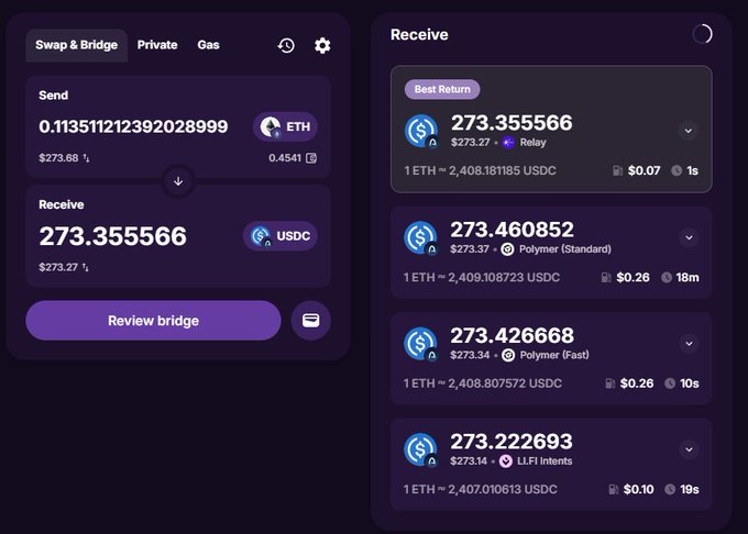 A crypto swap and bridge interface showing a transaction exchanging 0.113511212392028999 ETH for 273.355566 USDC, with quotes from Relay, Polymer (Standard), Polymer (Fast), and LI.FI Intents.
