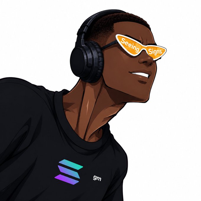 An illustrated portrait of a Black man wearing black headphones and a black shirt featuring the Solana logo and 'gm' text, with orange sunglasses reading 'Seeing Signs'.