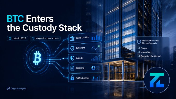 A promotional graphic titled 'BTC Enters the Custody Stack' from 7Analytics, detailing institutional Bitcoin custody features launching later in 2026.