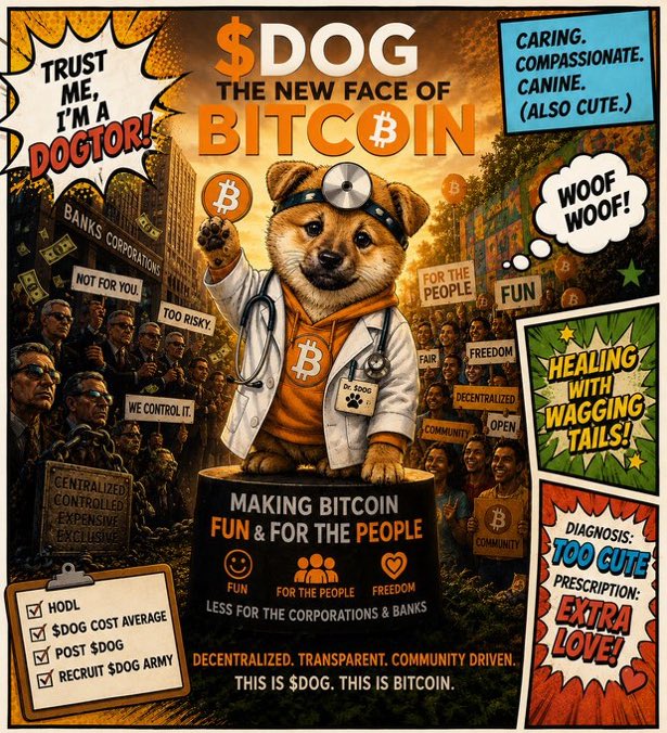 A comic-style poster titled '$DOG THE NEW FACE OF BITCOIN' featuring a Shiba Inu dog dressed as a doctor, promoting messages like 'TRUST ME, I'M A DOGTOR!', 'HODL', and 'DOG COST AVERAGE' with a central slogan 'MAKING BITCOIN FUN & FOR THE PEOPLE'.