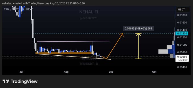 A TradingView candlestick chart of TRIA/USDT shows the price consolidating in a descending wedge pattern between $0.007–$0.008 from July through August, with annotations marking a potential breakout target of $0.01304 (+109.66%) near September, aligning with the post's bullish breakout setup.