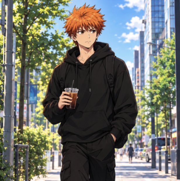 An anime-style illustration of a young man with spiky orange hair wearing a black hoodie and backpack, holding an iced drink on a sunny city street.