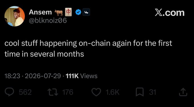 A tweet from Ansem (@blknnoiz06) dated 2026-07-29 reads "cool stuff happening on-chain again for the first time in several months," gaining 111K views, 1.6K likes, and 562 replies. The accompanying post about withdrawing idle USDC from MetaMask aligns with this sentiment of renewed on-chain activity.