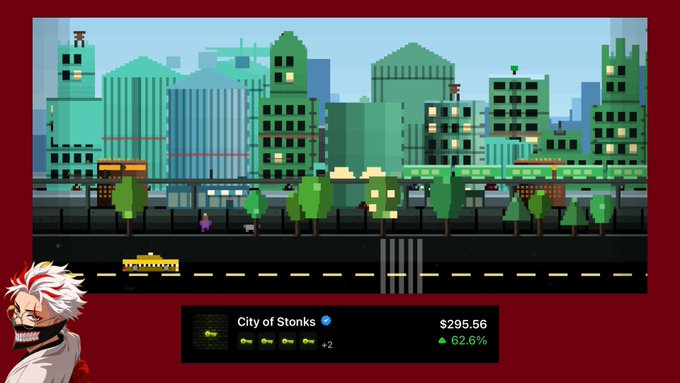 A pixel art cityscape with green buildings and trees, featuring a yellow taxi on a road, with a trading card showing 'City of Stons' NFT priced at $295.56 with a 62.6% increase, alongside an anime character with white hair.