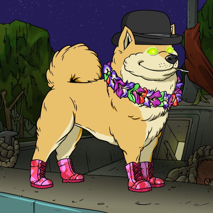 A cartoon illustration of a Shiba Inu dog wearing a black top hat, green glowing sunglasses, a colorful flower lei, and pink boots, standing on a rooftop at night with a cigarette in its mouth.