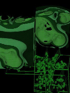 A stylized green monochrome digital art piece depicting a 3D figure or character with circular patterns, rendered with horizontal scanlines on a black background.