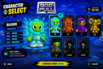 A video game character selection screen titled 'GOD PULP' displays various cartoon-style characters, with 'BLOOM' selected and showing stats like offense, defense, force, and speed.