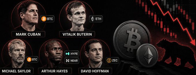 This image portrays a graphic of a large coin with several other coins surrounding it. The text within the image suggests that these individuals are Crypto Executives, who have recently sold their crypto bags at varying rates. They include Mark Cuban, Vitalik Buterin, and Strategy.