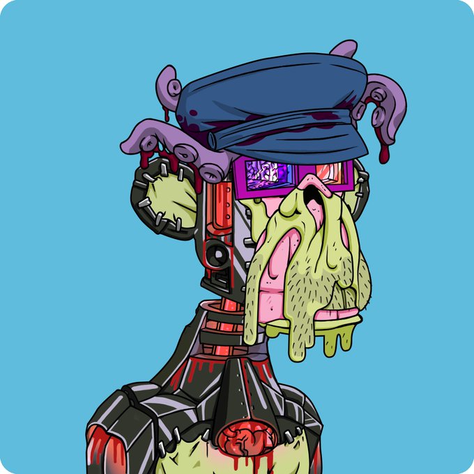 A grotesque cartoon illustration shows a robotic figure with a dark blue hat dripping purple liquid, a screen for an eye, and a large, oozing green mass hanging from its face.