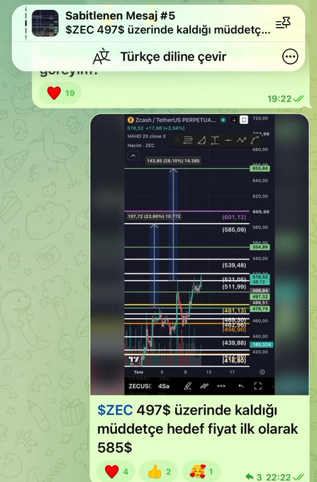 A Turkish Telegram chat screenshot shows a message titled 'Sabitlenen Mesaj #5' stating '$ZEC 497$ üzerinde kaldığı müddetçe...' alongside a Zcash/USDT price chart, with a follow-up message noting a target price of '585$'.