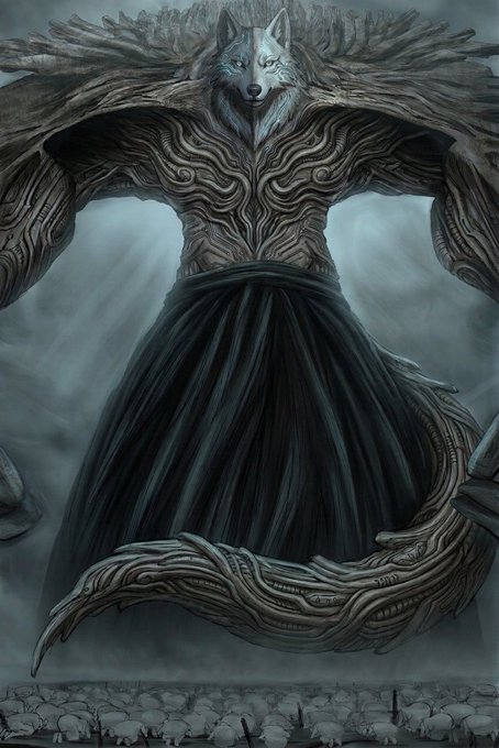 A dark, fantasy-style illustration shows a towering wolf-headed figure with intricate, gnarled tree-like limbs and a dark robe, standing behind a herd of sheep.