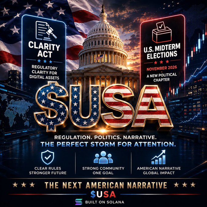 A promotional graphic titled '$USA' featuring the US Capitol building, American flag, and references to the 'CLARITY ACT', 'U.S. MIDTERM ELECTIONS NOVEMBER 2026', and noting 'BUILT ON SOLANA'.