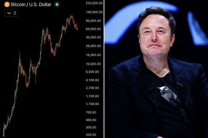 The image displays a Bitcoin price chart showing a significant upward trend, juxtaposed with a photo of Elon Musk. This visual suggests that Musk's wealth might be linked to Bitcoin's rise, aligning with the post's premise of immense wealth gained from early Bitcoin investment.