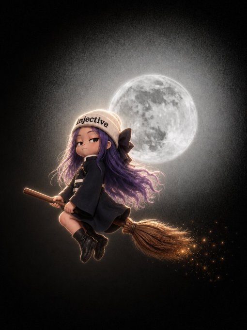 An anime-style illustration of a witch wearing an 'Injective' beanie riding a broomstick across a full moon background.