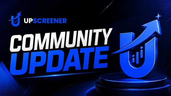 A blue and white promotional graphic for "UPSCREENER" announcing a "COMMUNITY UPDATE" with an upward arrow logo.