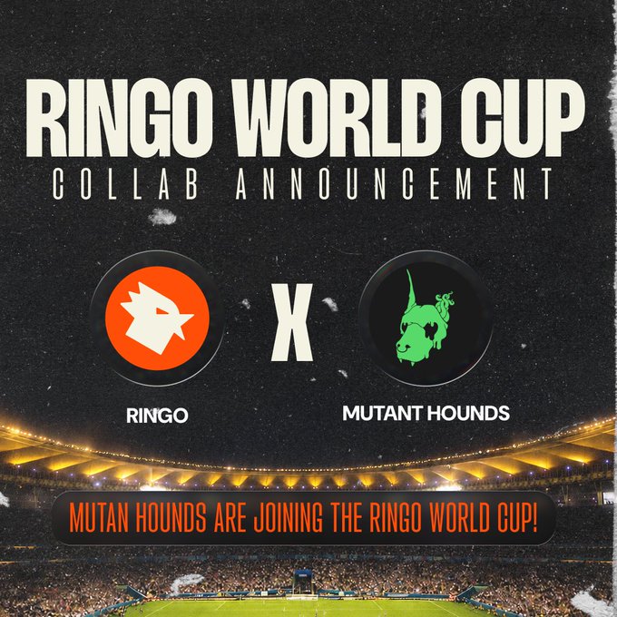 The image features an advertisement for the Ringo World Cup, which is a collaboration between Mutant Hounds and the Ringo World Cup. The poster showcases two logos - one representing Mutant Hounds and another representing the Ringo World Cup. These logos are placed on a stadium backdrop with a sports ball in the background. The text on the poster announces that Mutant Hounds are joining the Ringo World Cup, and it encourages people to participate by converting their USDC into USDC.