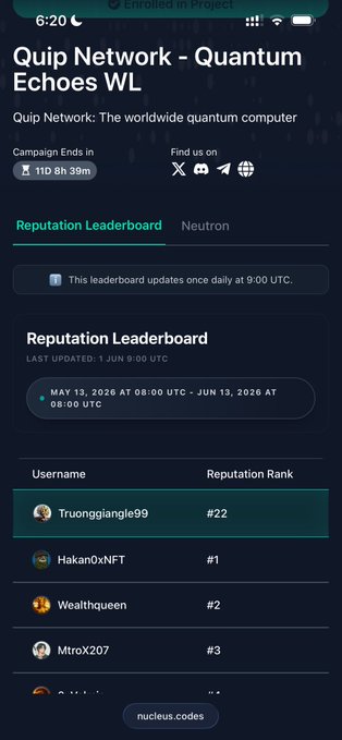 The image shows a phone screen displaying information about Quip Network's Quantum Echoes NFT collection. The user has been rated #42 by @quipnetwork and their name is Trungjia. They have an average rating of 4.5 stars out of 5, with a total of 42 likes on their posts. The post also mentions that the user has been rated #82 by @quipnetwork, which indicates they are well-liked by others in the community.