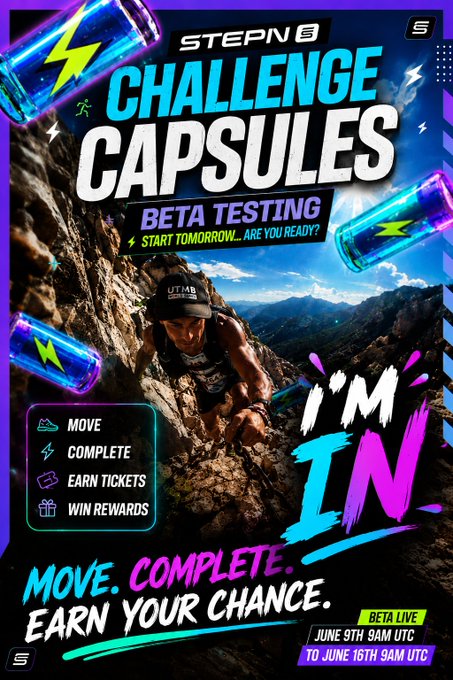 The image features an advertisement for Challenge Capsules, which are energy drinks that claim to help users complete their daily exercise routines more easily. The poster includes a man climbing a mountain with the text "Challenge Capsules beta testing". The poster also contains a list of rewards and prizes available through the capsules, such as free tickets to events or exclusive access to contests.