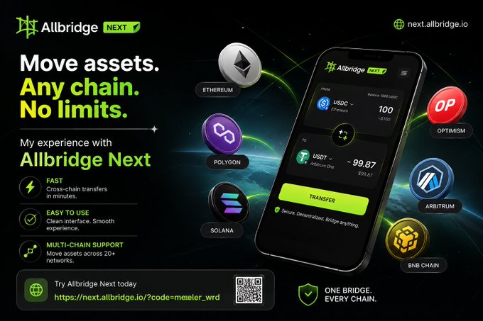 An advertisement for Allbridge Next cross-chain bridge platform featuring 'Move assets. Any chain. No limits.' and showing connectivity between Ethereum, Polygon, Solana, Optimism, Arbitrum, and BNB Chain.