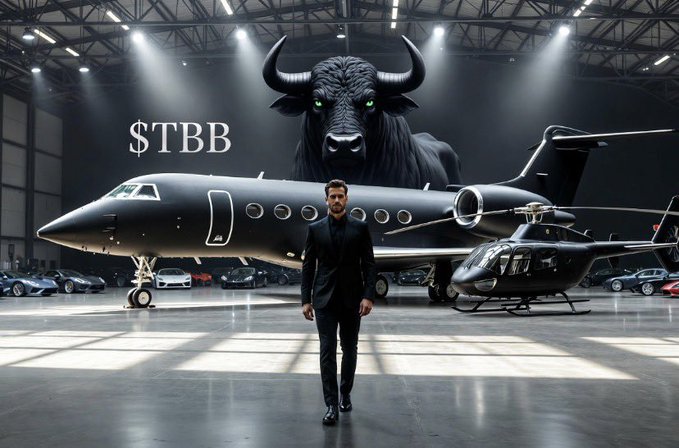 A digitally composed image showing a man in a black suit standing in a hangar with a black private jet, a helicopter, sports cars, and a giant black bull behind him, with the text '$TBB'.