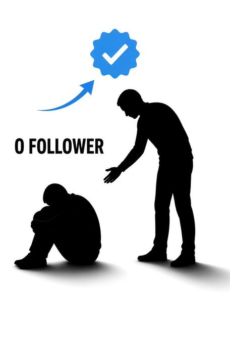 A graphic illustration depicts a silhouetted figure reaching down to help a seated, dejected figure, with text reading "0 FOLLOWER" and a blue checkmark badge above.