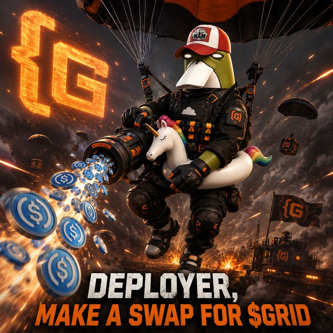 The image features a cartoon character dressed as a superhero who is flying through the air while holding a camera. The character appears to be in distress or danger due to an incoming enemy attack. In the background, there are several other characters representing different AI coding agents that are also facing the same threat. The text "DEPLOYER, MAKE A SWAP FOR $GRID" is written above and below the image, suggesting a connection between the superhero character's situation and the concept of making a swap for grid resources in the context of the app being showcased on Code Grid.