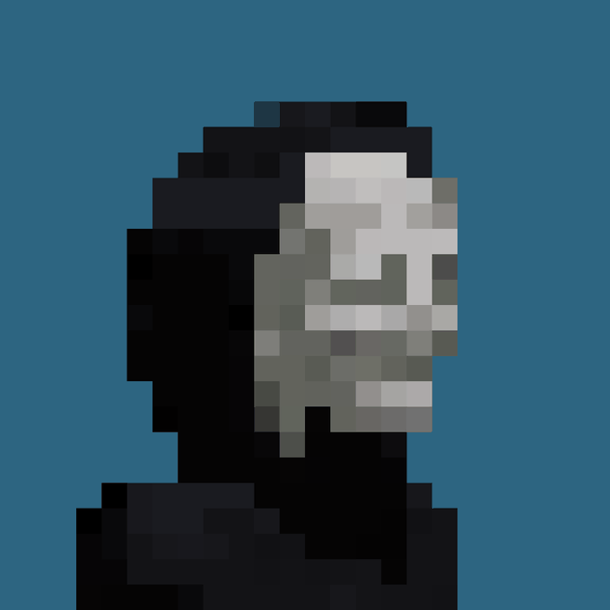 A low-resolution pixel art portrait of a person with dark hair and a pale face rendered in gray tones against a solid dark blue background.