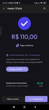 A mobile payment confirmation screen in Portuguese shows a successful transaction of R$ 110,00 via PIX with the description 'RECOMPENSA DE CASHBACK'.
