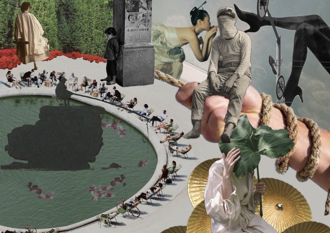 The image is an abstract collage of various images, including people sitting around a pond with umbrellas, a statue, and other elements that create a sense of depth and complexity. The collage also includes a photo of a person holding a parasol in front of a fountain, which adds to the overall atmosphere of relaxation and leisure. The post is titled "The Story You Chose A new ?" and has an auction starting at 0.025 ETH on Base.