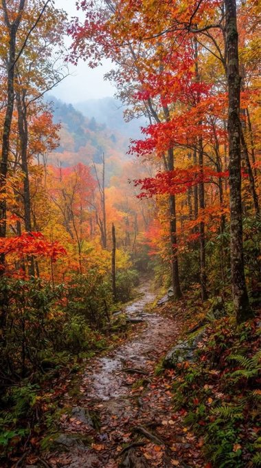 A scenic view of a dirt trail winding through a forest filled with vibrant red, orange, and yellow autumn foliage under a misty sky.