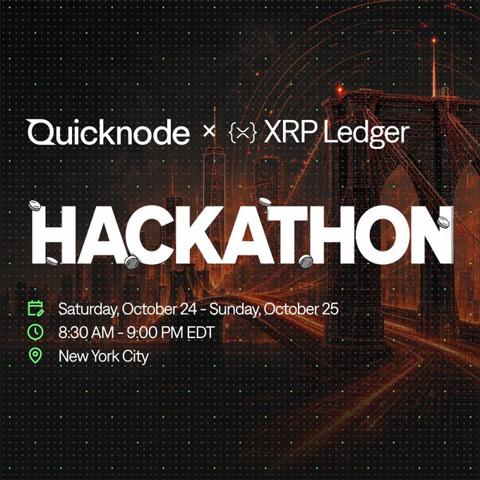 Promotional graphic for the Quicknode × XRP Ledger Hackathon, scheduled for Saturday, October 24 – Sunday, October 25, 8:30 AM – 9:00 PM EDT in New York City, featuring a dark cityscape background with the Brooklyn Bridge and orange tech-inspired overlay. The image visually reinforces the accompanying post announcing the XRPL Commons and Quicknode collaboration for builders interested in developing on the XRP Ledger.