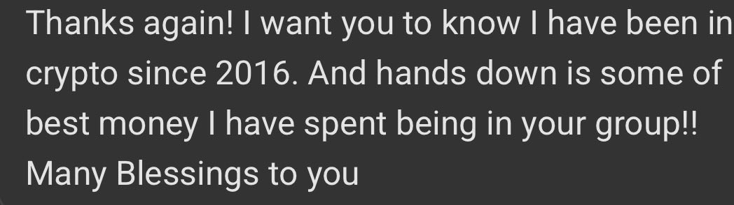 A thank-you testimonial from a member who has been in crypto since 2016, stating that joining the group was "some of best money I have spent," likely shared to promote an upcoming live discussion in the SMQKE Room.