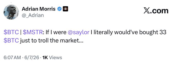 The image features a post from a user named Adrian Morris, who has made a humorous observation about Bitcoin's value compared to the price of a BTC in the comments section. The post includes a Twitter account created by the user, which they used to share this comical insight. There is also an attached screenshot of the original message with a funny caption. The main focus on the image is that it highlights the humorous comparison between Bitcoin and its value compared to $BTC.