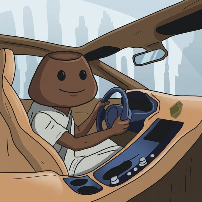 A cartoon illustration of a brown, rounded character with a smiling face driving a tan car through a city skyline.
