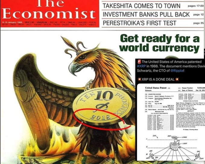 The image is a collage showing the January 1988 cover of *The Economist* with its iconic phoenix holding a coin engraved "10 Phönix 2018," alongside a United States patent document for "XRP" filed by David Schwartz (CTO of Ripple), tied to a promotional claim "XRP IS A DONE DEAL" with the heading "Get ready for a world currency." This reinforces the post's point that 1988 marked the convergence of the Jewish and Ethiopian year-ends, as referenced by the phoenix/2018 imagery symbolizing a prophetic "rising from the ashes" ahead of that future date.