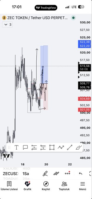 This image shows a TradingView chart for ZEC/USDT Perpetual, displaying price action and some technical analysis indicators. The accompanying post "$zec hani pnl" suggests a user is inquiring about profit and loss for ZEC.